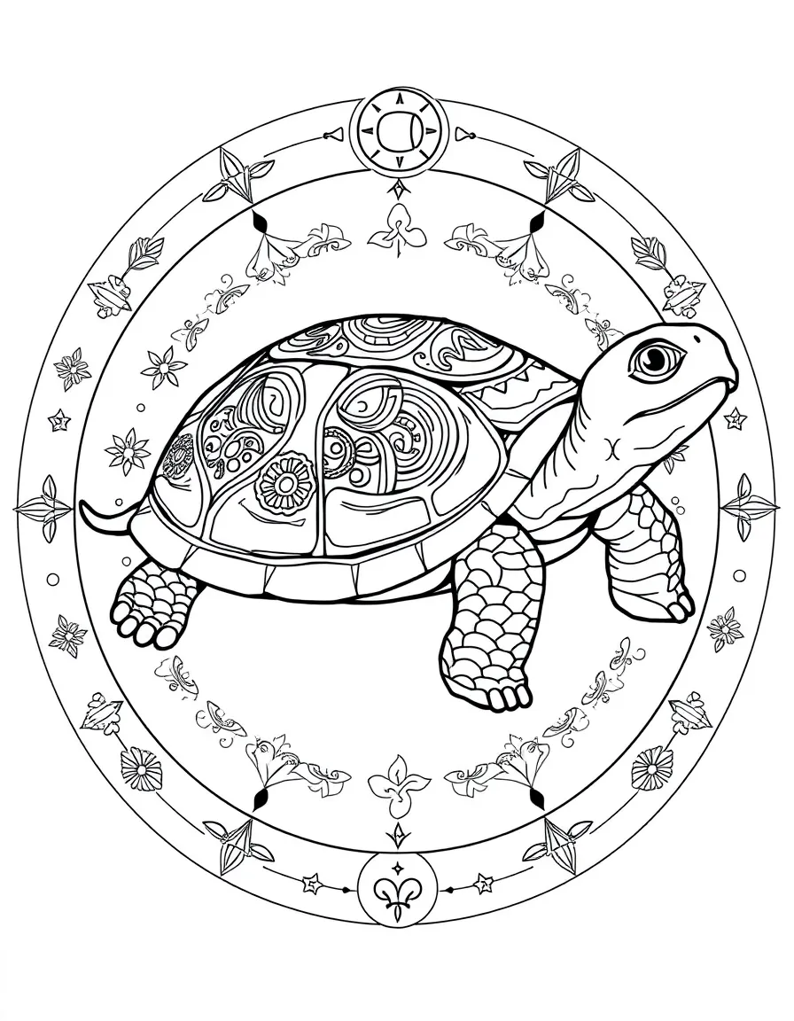 Tortoise with zodiac symbolism, surrounded by astrological patterns