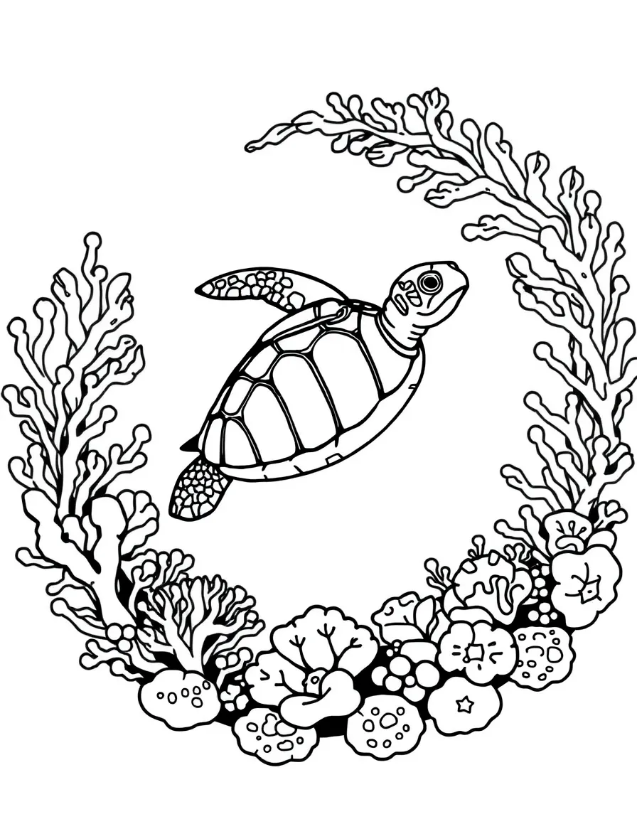 Turtle swimming through a ring of coral, creating a circular ocean pattern