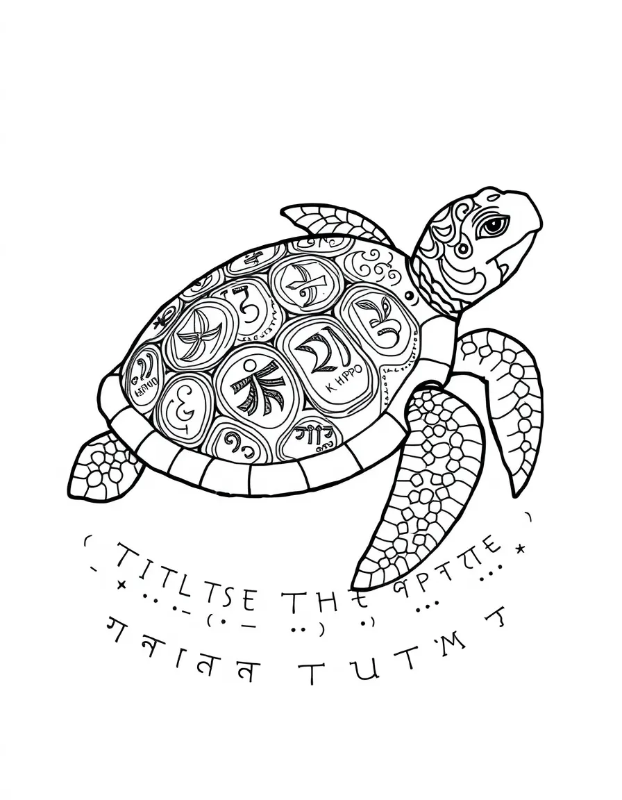 Turtle with hidden messages in its shell patterns, surrounded by ancient script