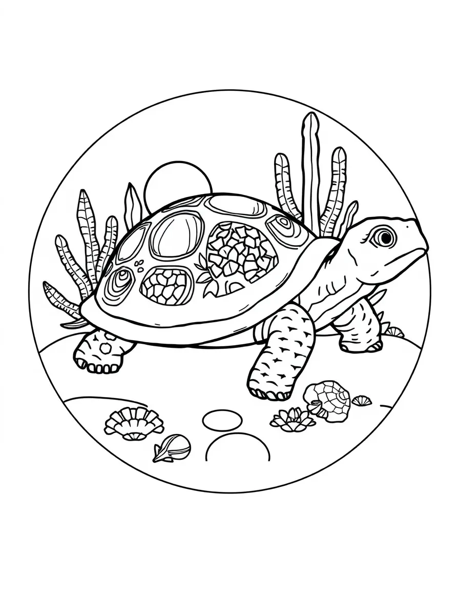 Tortoise with desert elements incorporated into a circular design