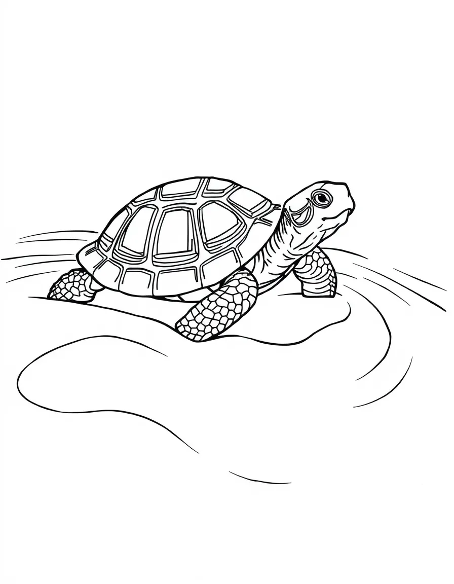 Tortoise moving through sand, with dune patterns forming a circular design