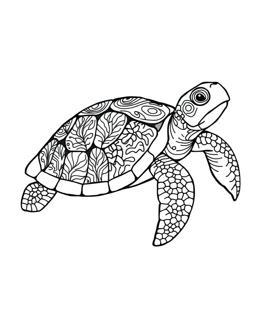 Turtle with coral reef patterns incorporated into its shell