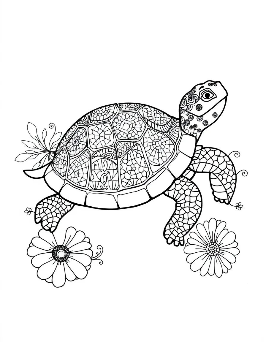 Tortoise with shell forming a zentangle pattern, surrounded by detailed designs