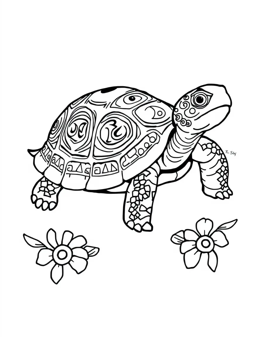 Tortoise with tribal marking patterns, surrounded by cultural designs