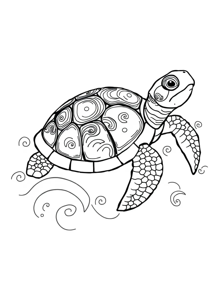 Turtle with water elements on its shell, surrounded by wave-inspired patterns