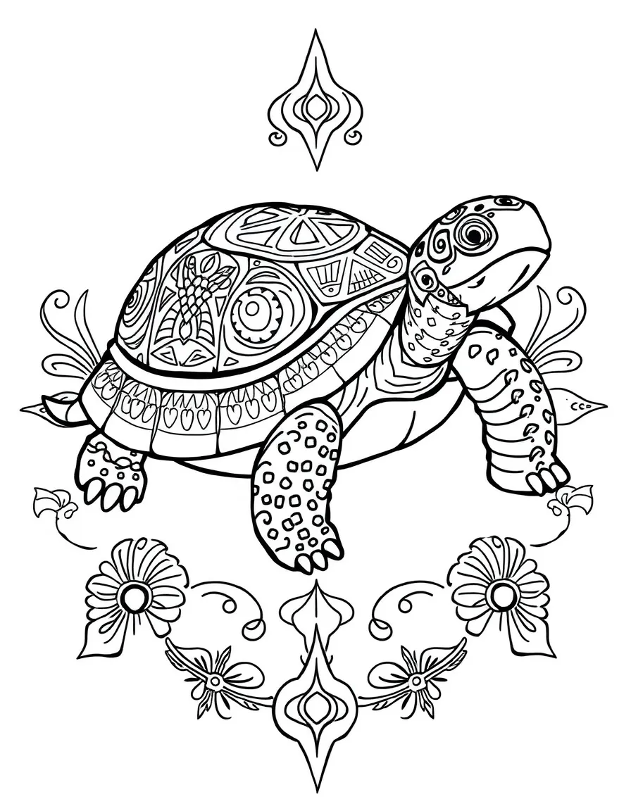 Tortoise with ceremonial paint patterns, surrounded by ritual designs