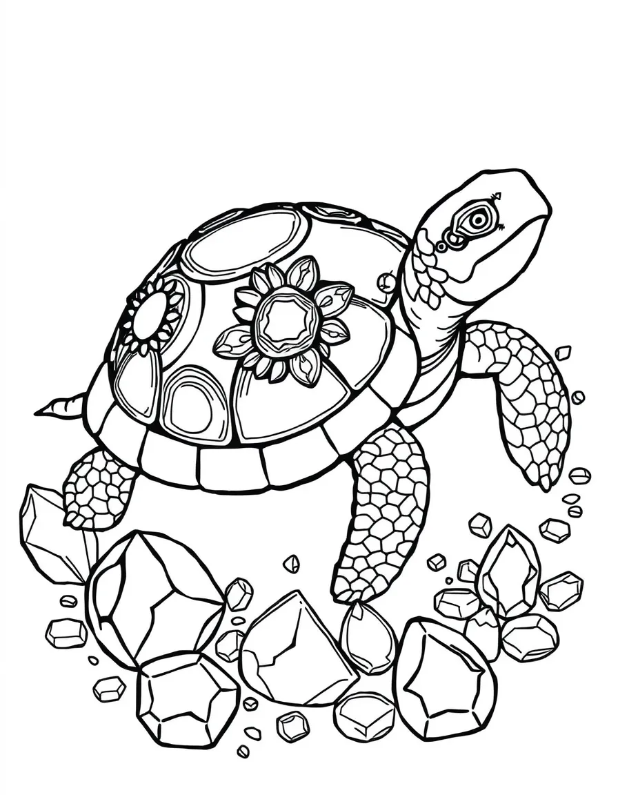 Turtle with jeweled shell decorations, surrounded by precious stone patterns