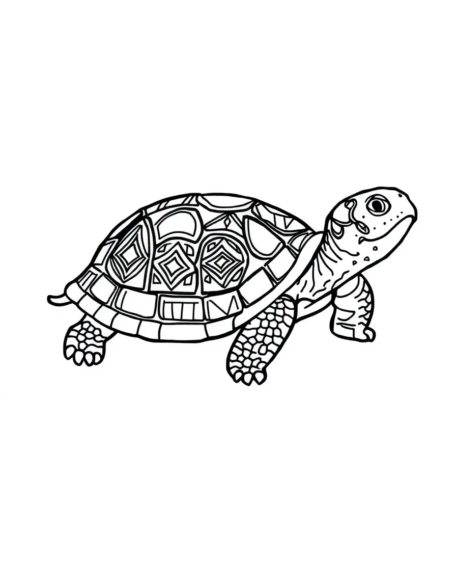 Tortoise with geometric patterns inside its silhouette, surrounded by tribal borders