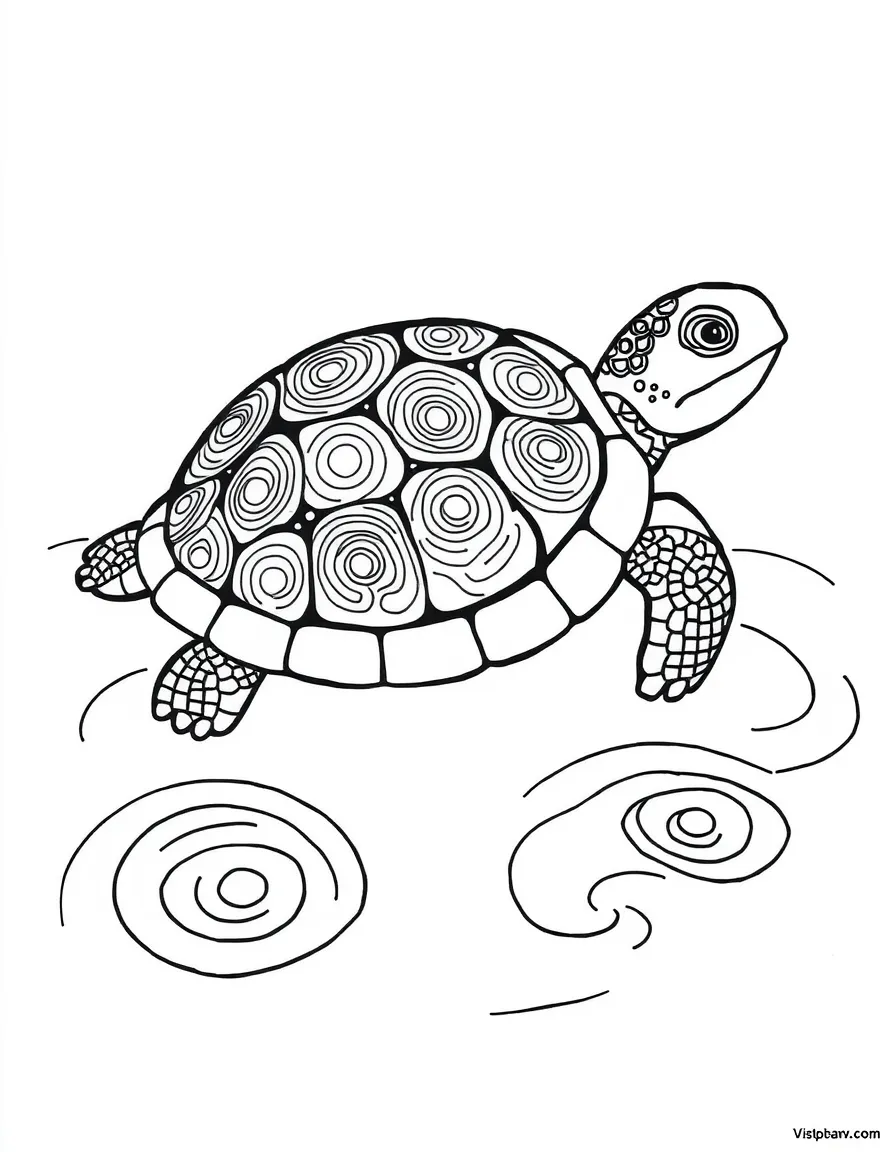 Turtle with zen garden patterns on its shell, surrounded by raked sand designs