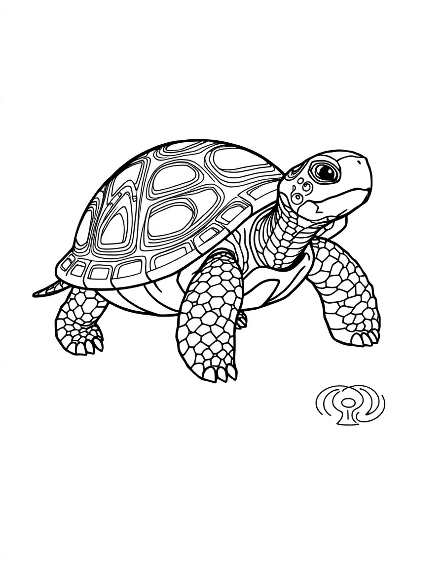 Tortoise in walking pose, surrounded by movement-inspired patterns