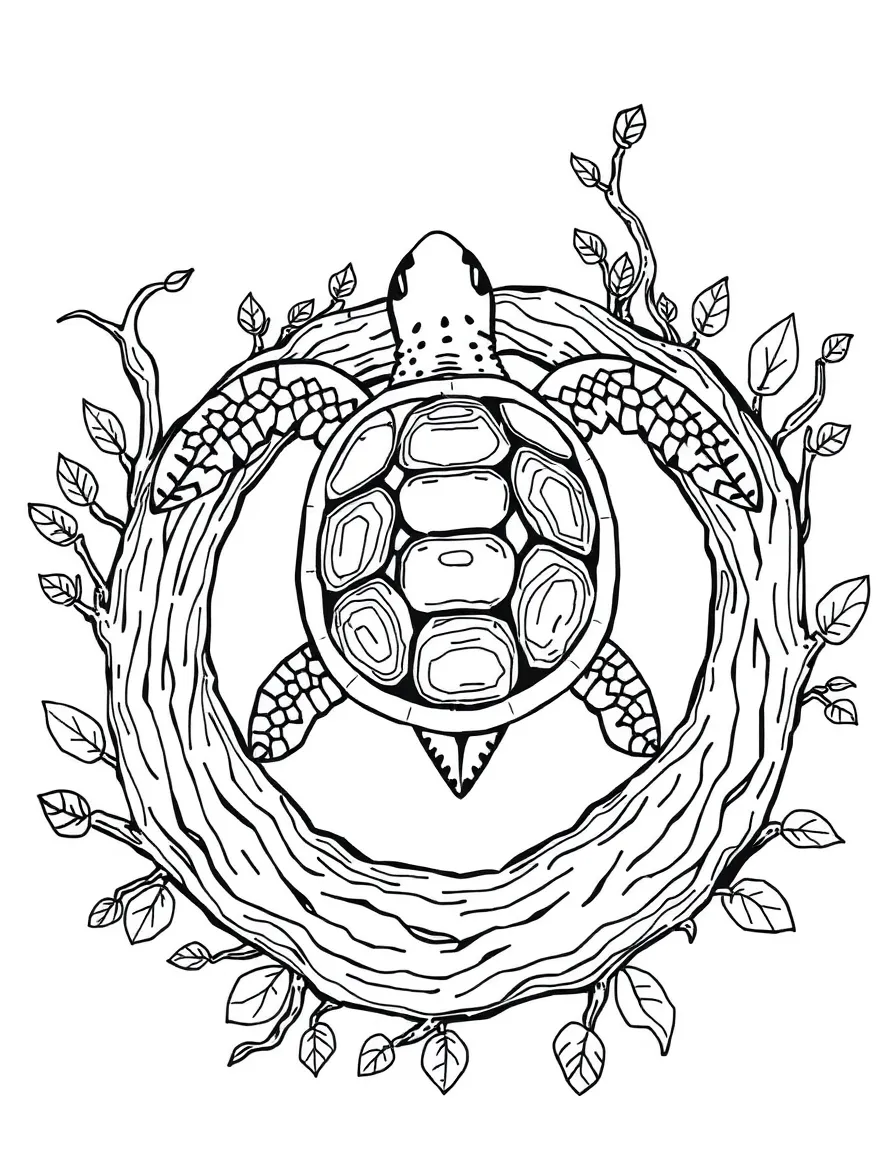 Turtle with shell forming tree rings, surrounded by forest-inspired designs