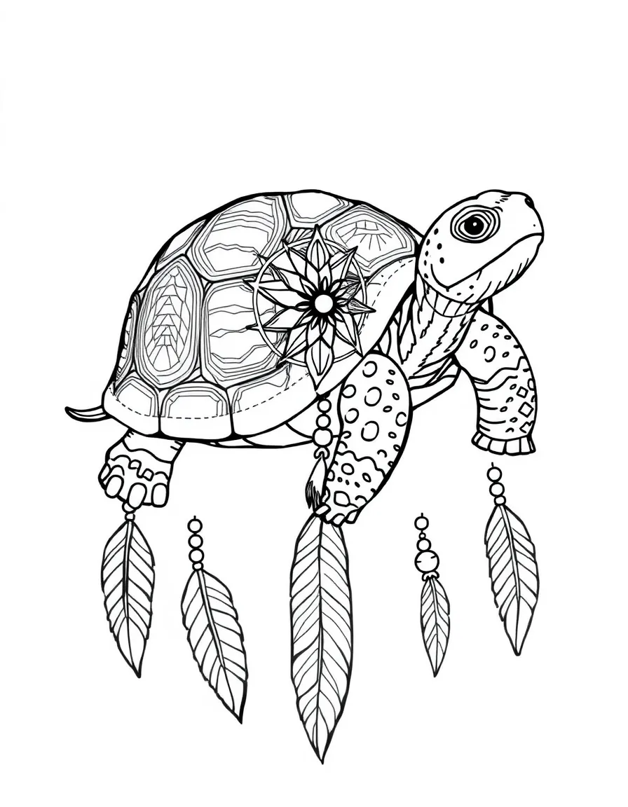 Tortoise with dreamcatcher elements, surrounded by feather and bead patterns