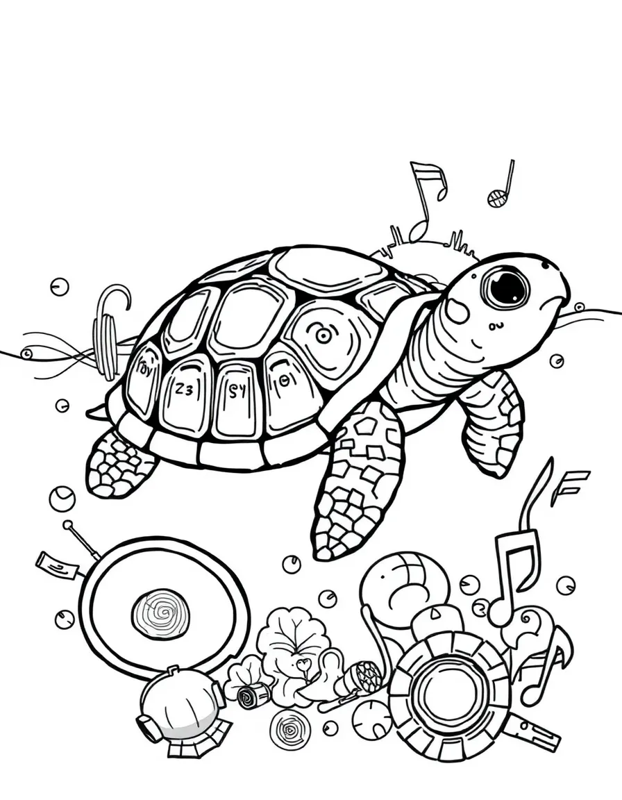 Turtle with shell forming sound wave patterns, surrounded by music elements