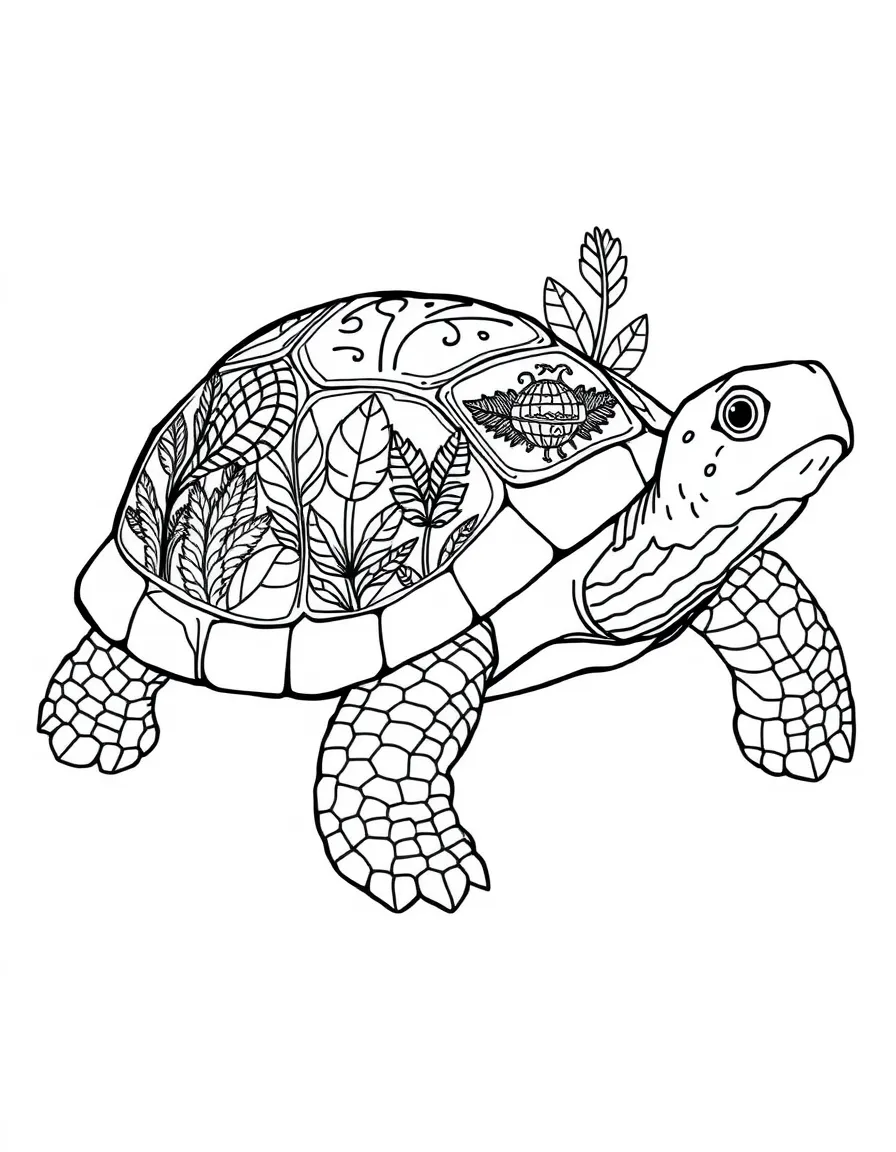 Tortoise with plant and earth elements incorporated into its shell patterns