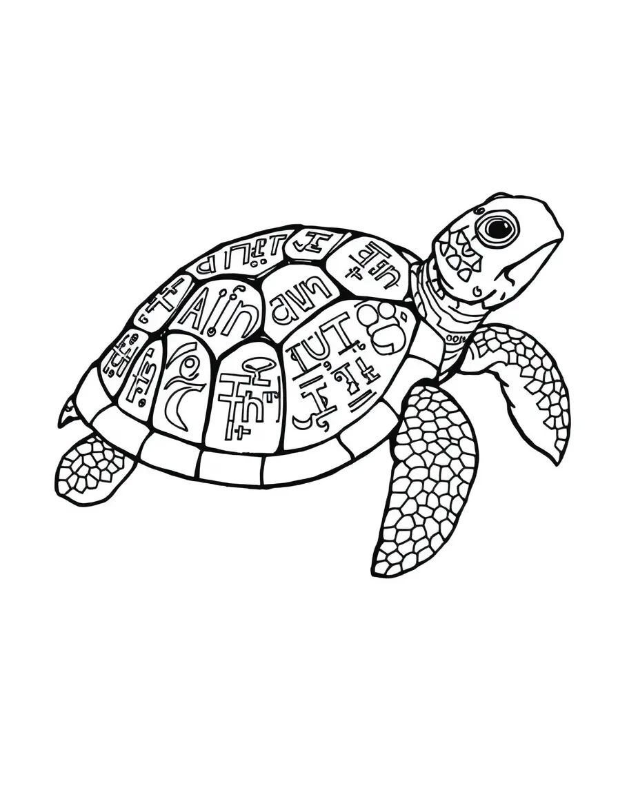 Turtle with ancient text elements incorporated into its shell patterns