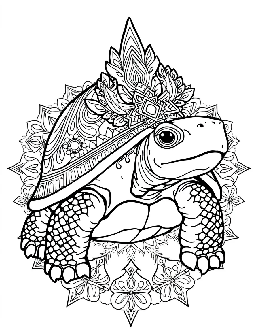 Tortoise with ornate headdress, surrounded by ceremonial patterns