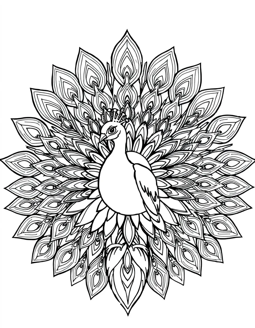 Peacock with elaborate tail feathers forming a natural mandala design
