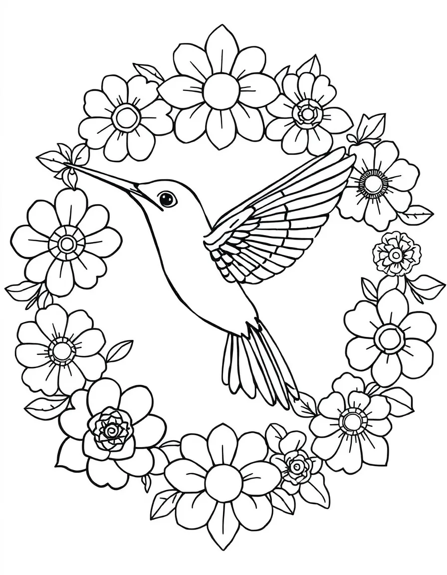 Hummingbird surrounded by flower patterns in a circular arrangement