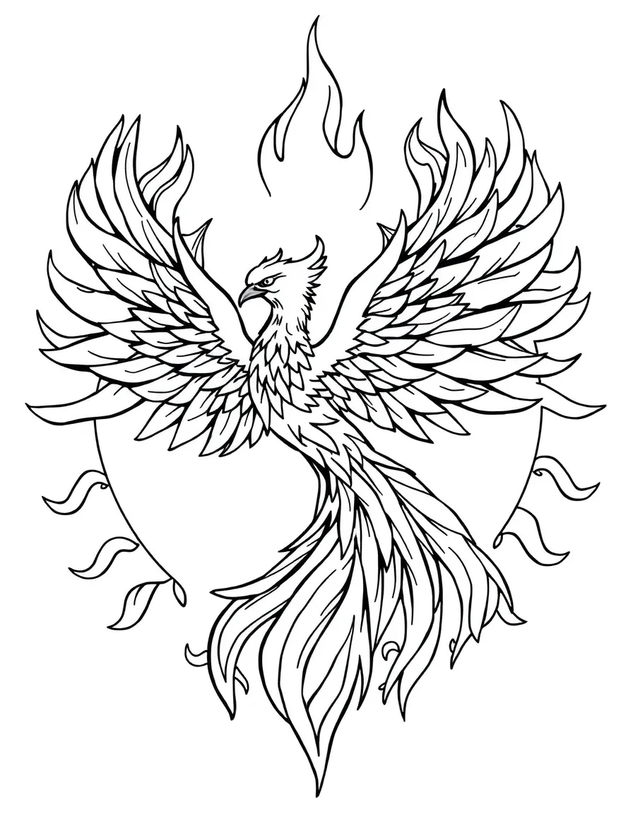 Phoenix with flame-like feathers forming a circular fire mandala