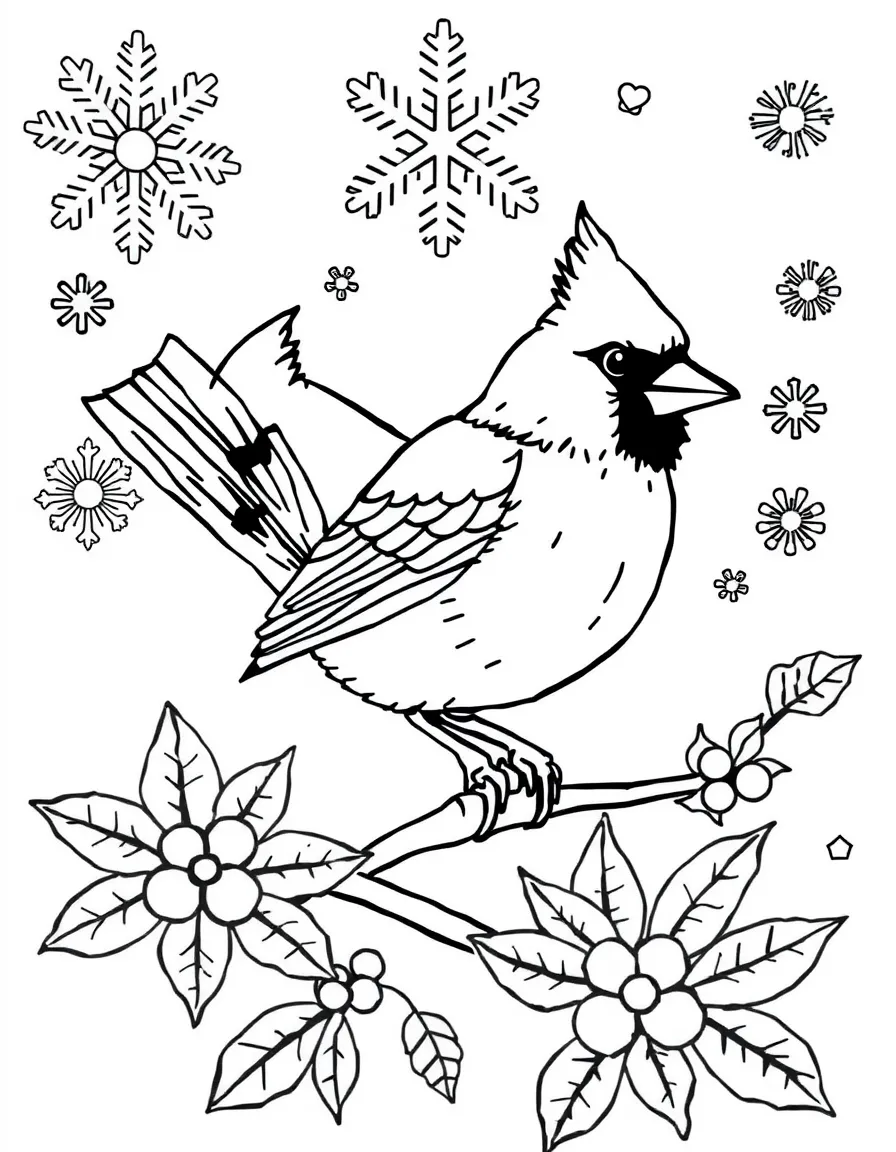 Cardinal with winter elements, surrounded by snowflake and holly patterns