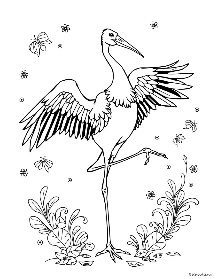 Crane in dance pose, surrounded by movement-inspired patterns