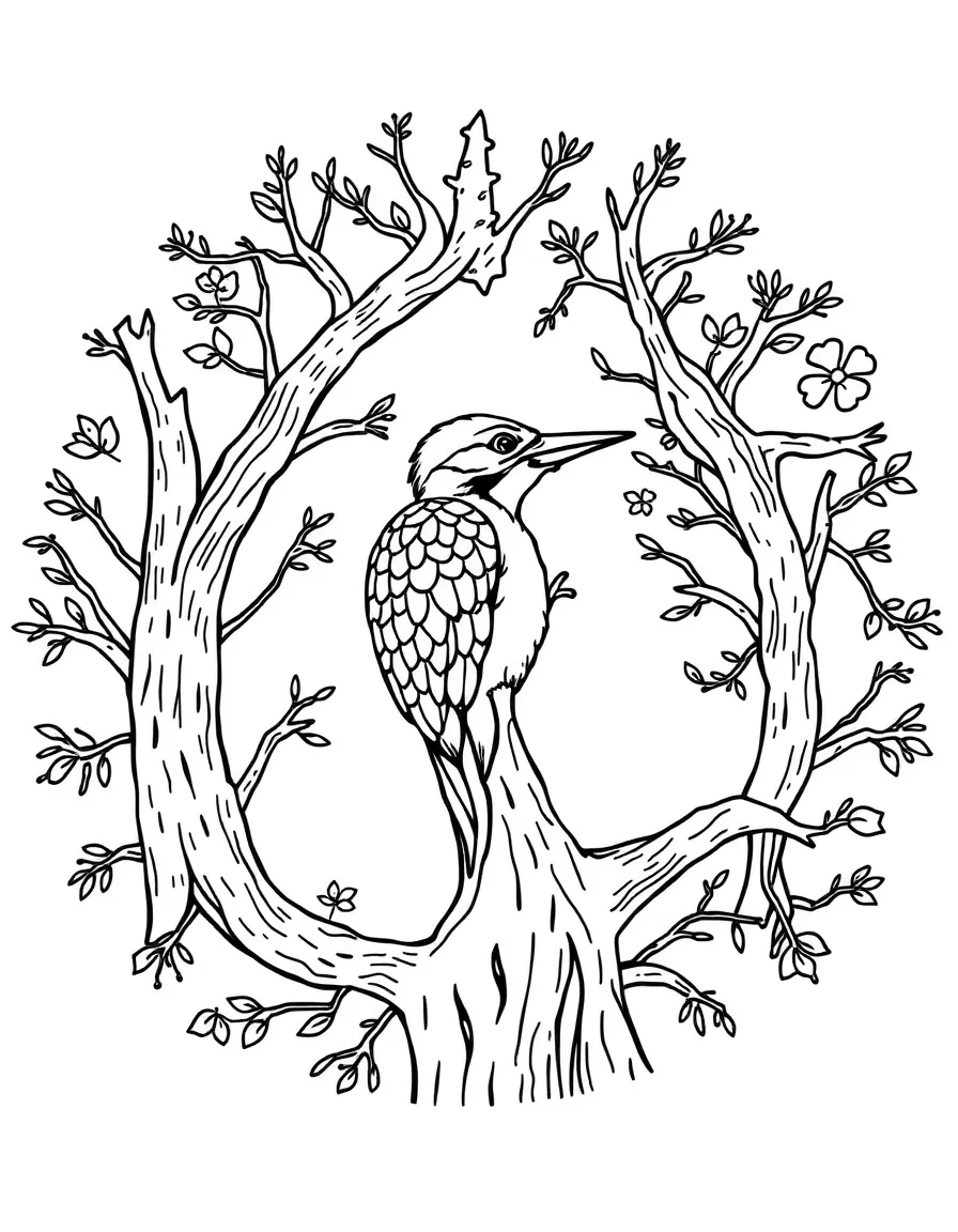 Woodpecker with tree elements forming a circular forest mandala