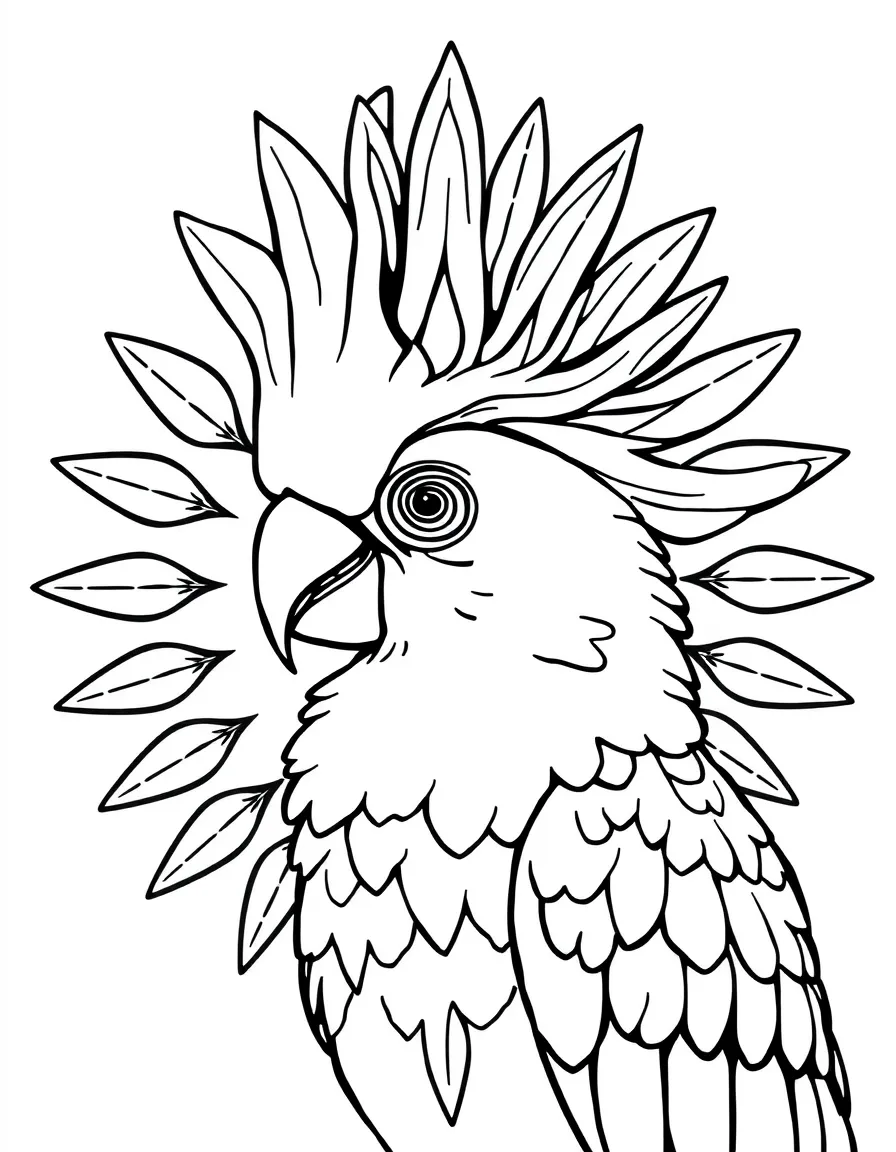 Cockatoo with crest feathers forming a crown-like mandala design