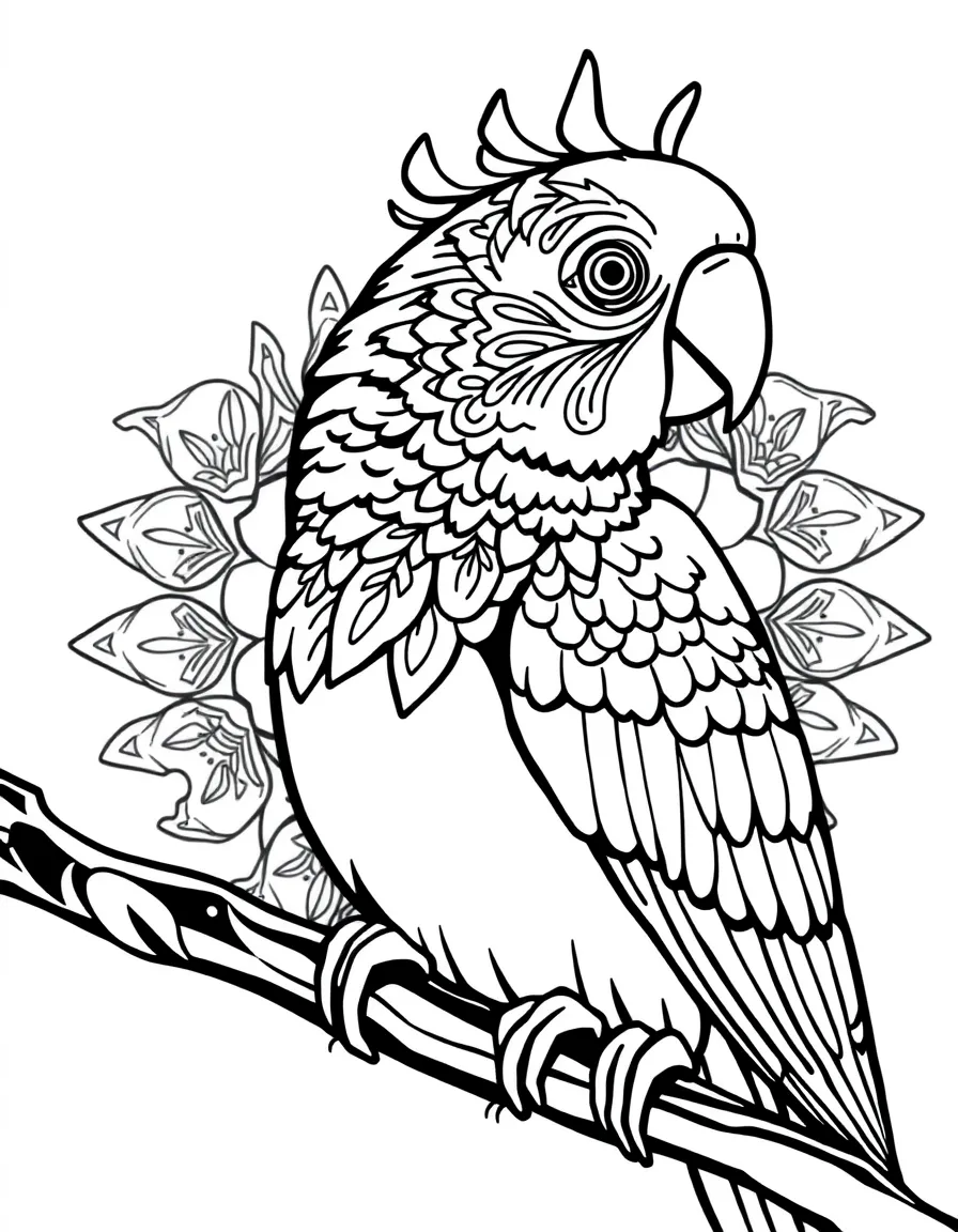 Parakeet with cage bar patterns forming a freedom mandala design