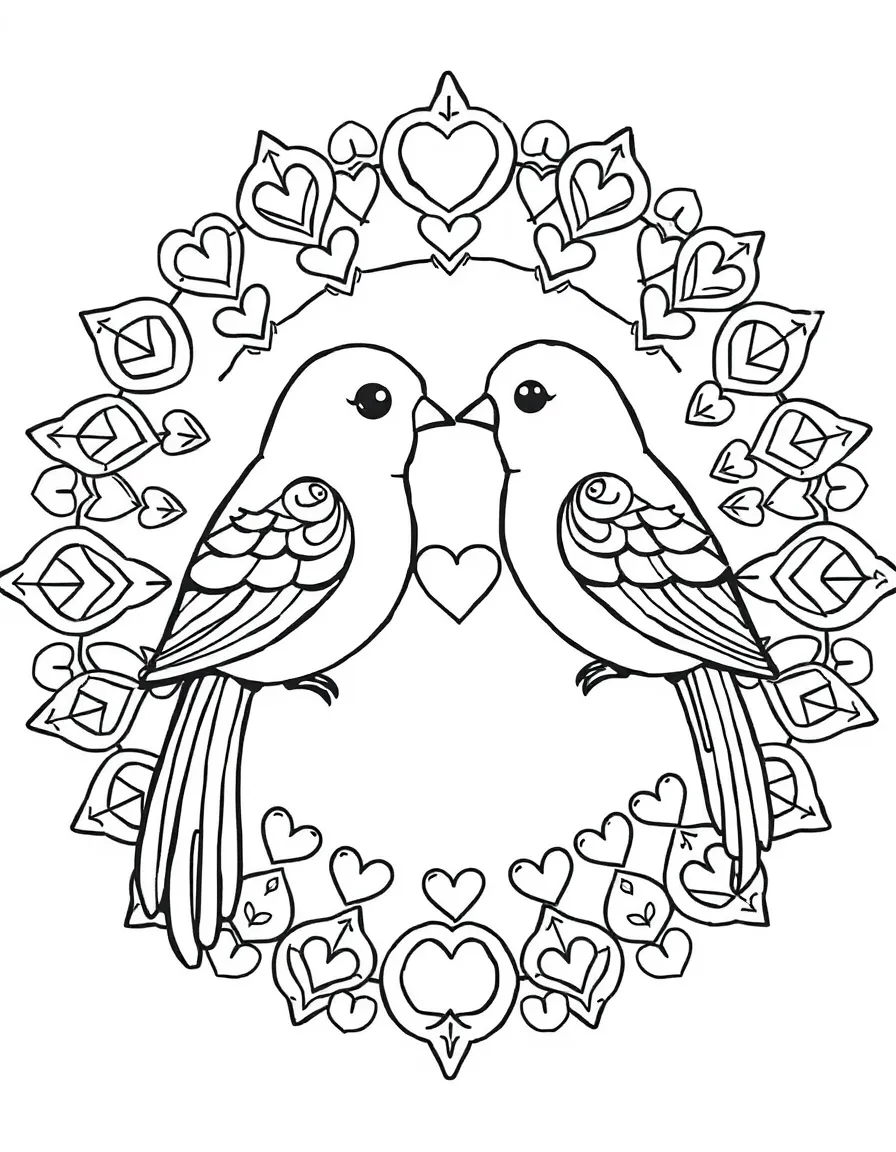 Lovebirds with heart patterns forming a circular romance mandala
