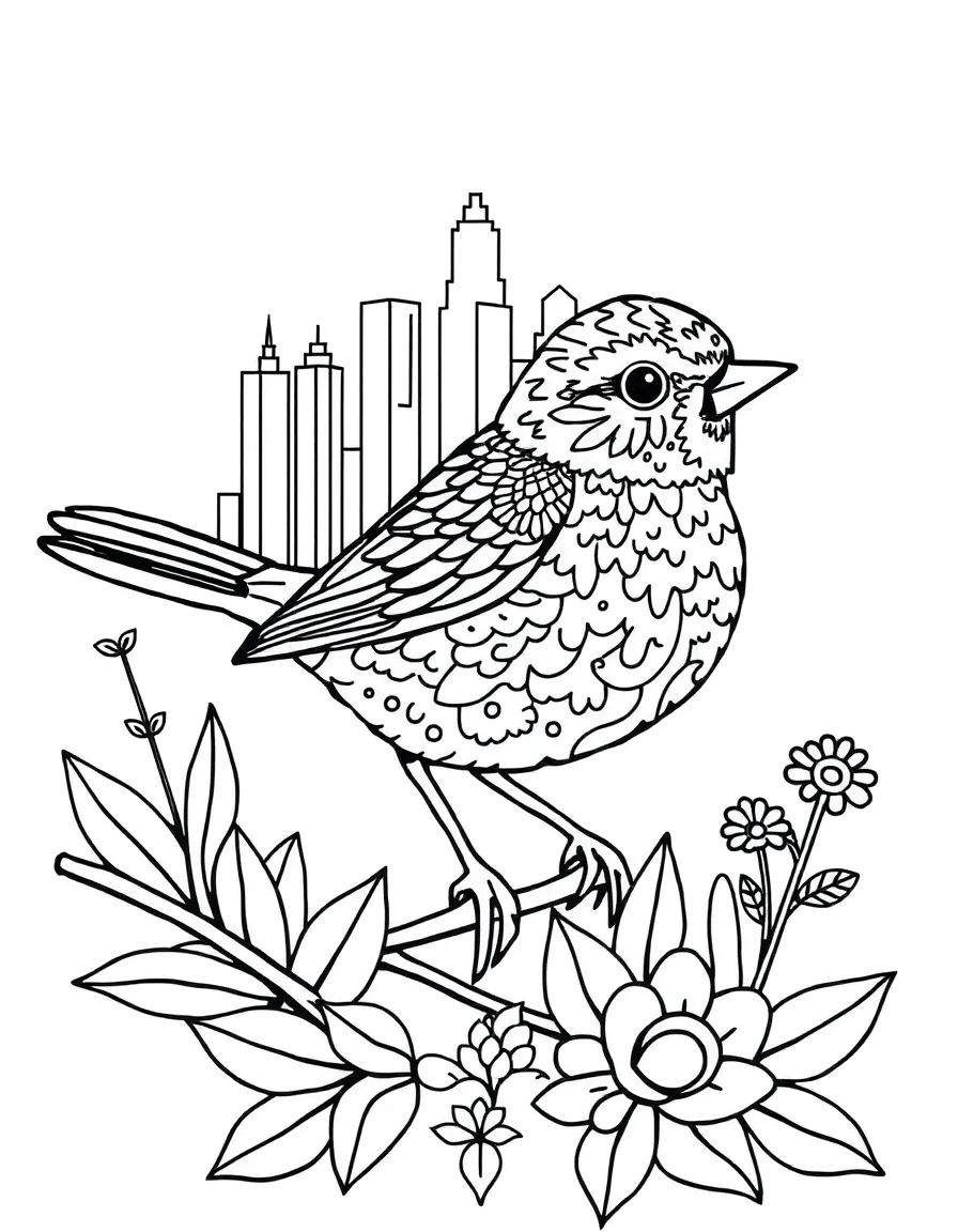 Sparrow with urban garden elements forming a city mandala design