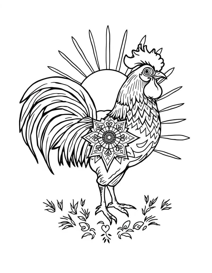 Rooster with sunrise patterns forming a morning mandala design