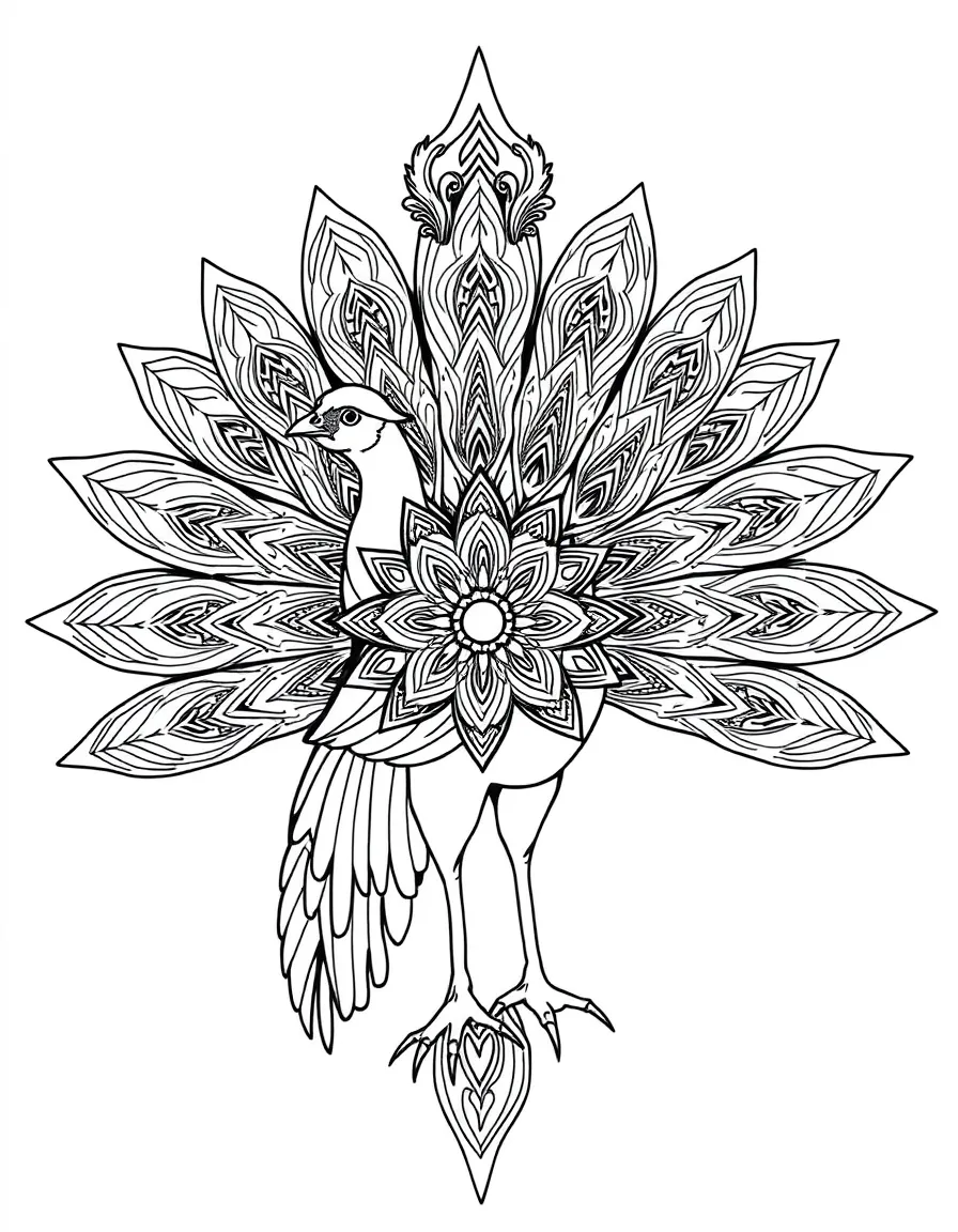Pheasant with ornate tail feathers forming a royal mandala design