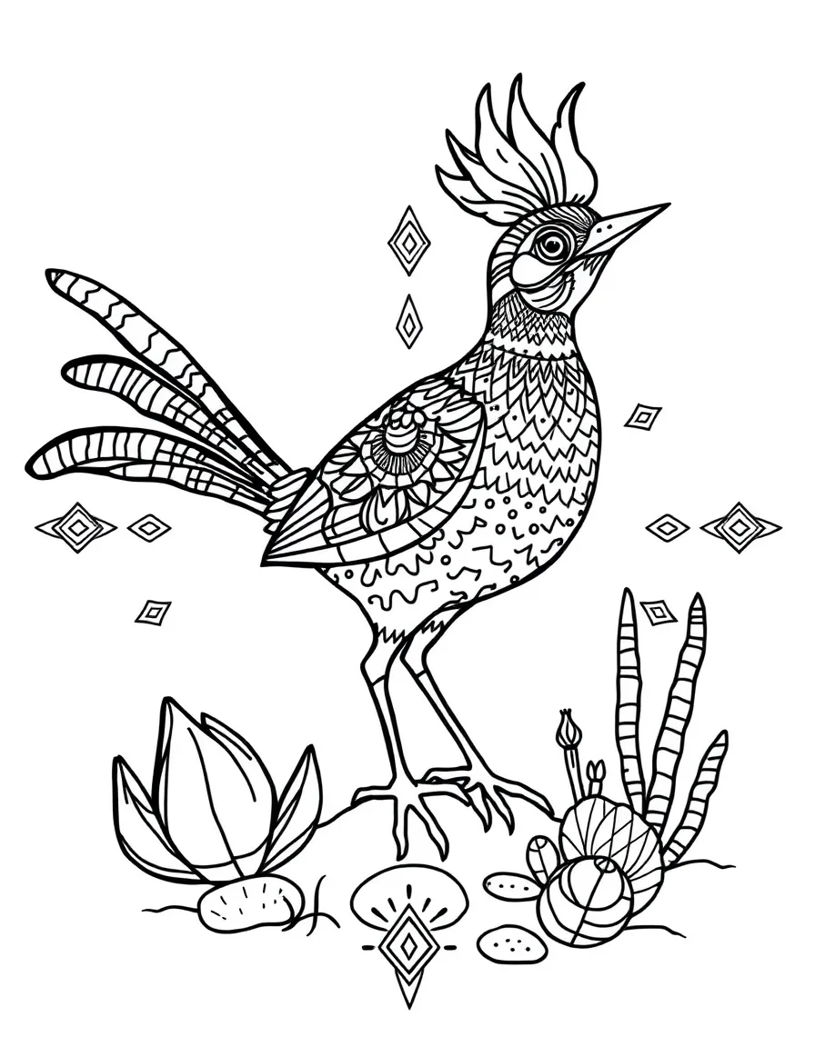 Roadrunner with desert patterns forming a southwest mandala design