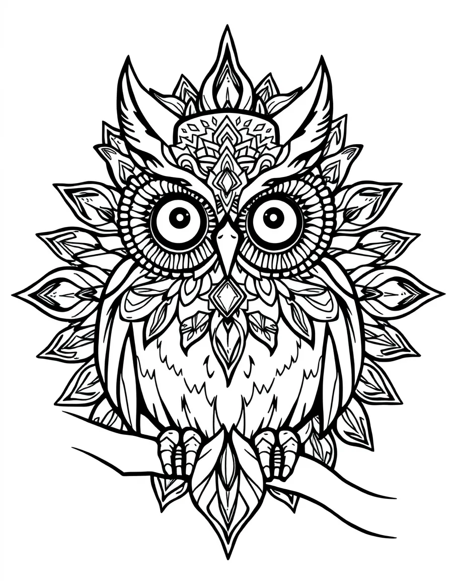 Owl with night elements forming a nocturnal mandala design