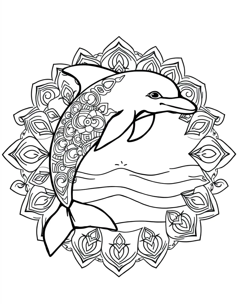 Dolphin with water ripple patterns forming an ocean mandala design