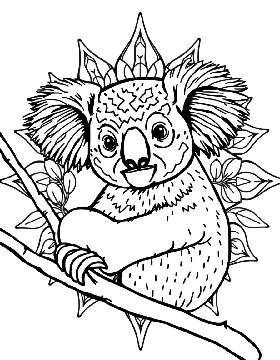 Koala with eucalyptus patterns forming an Australian mandala design
