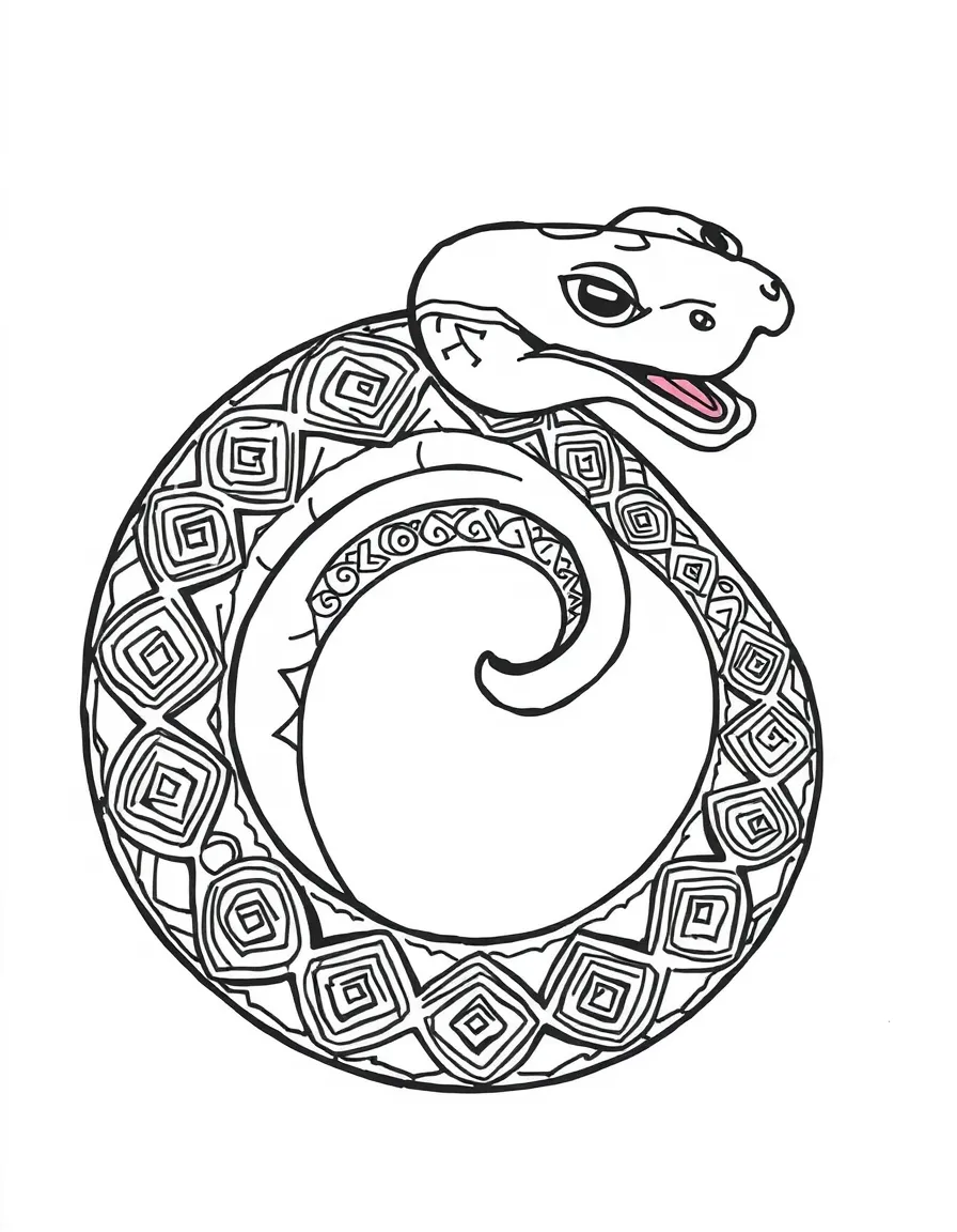 Snake with coil patterns forming a spiral mandala design