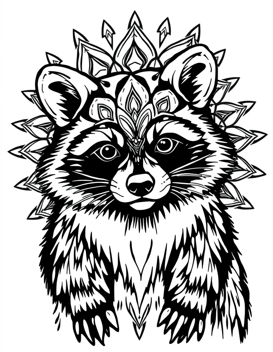 Raccoon with mask patterns forming a nocturnal mandala design