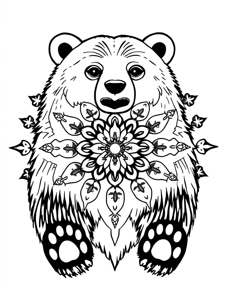 Bear with paw print patterns forming a forest mandala design