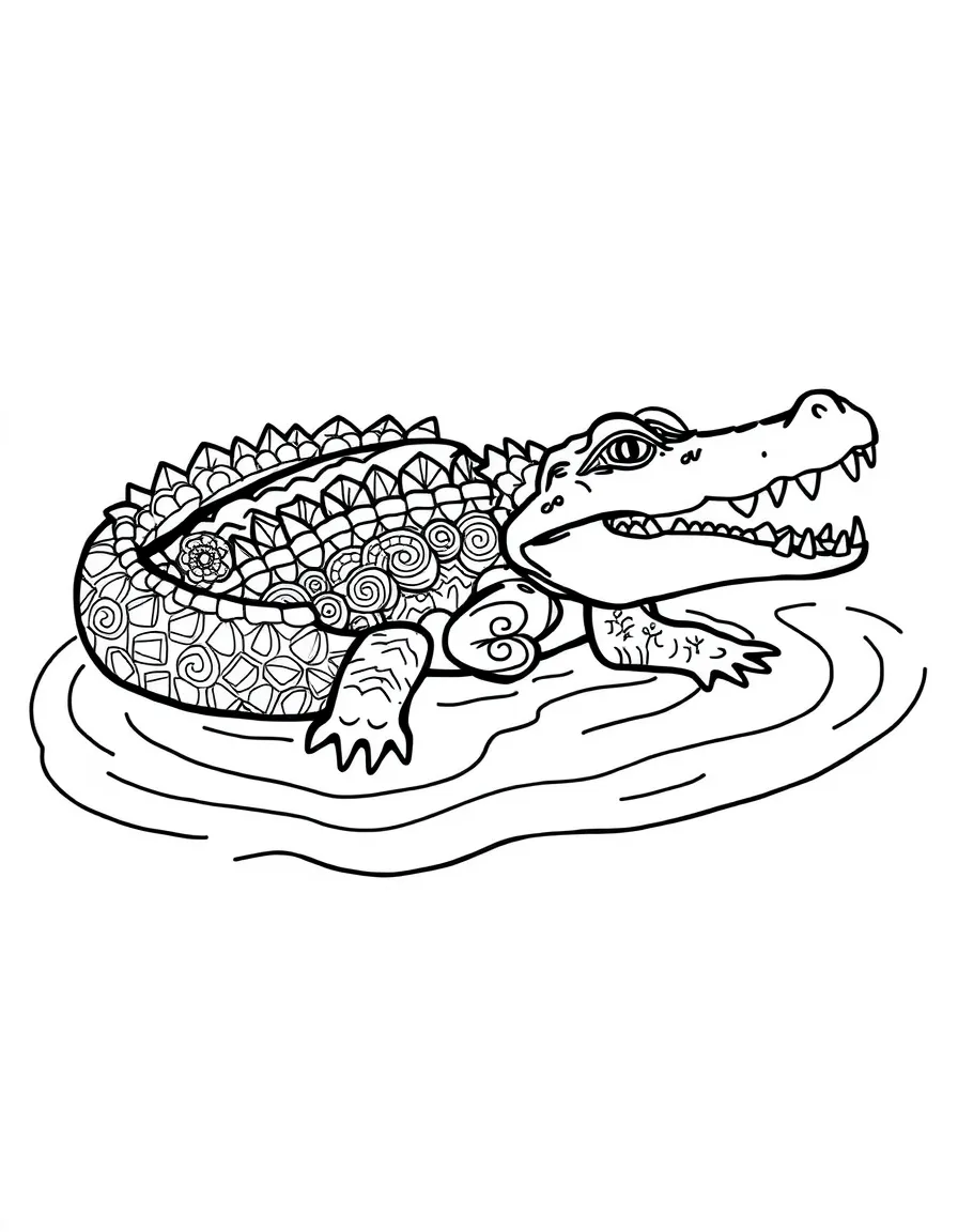 Crocodile with scaly patterns forming a river mandala design