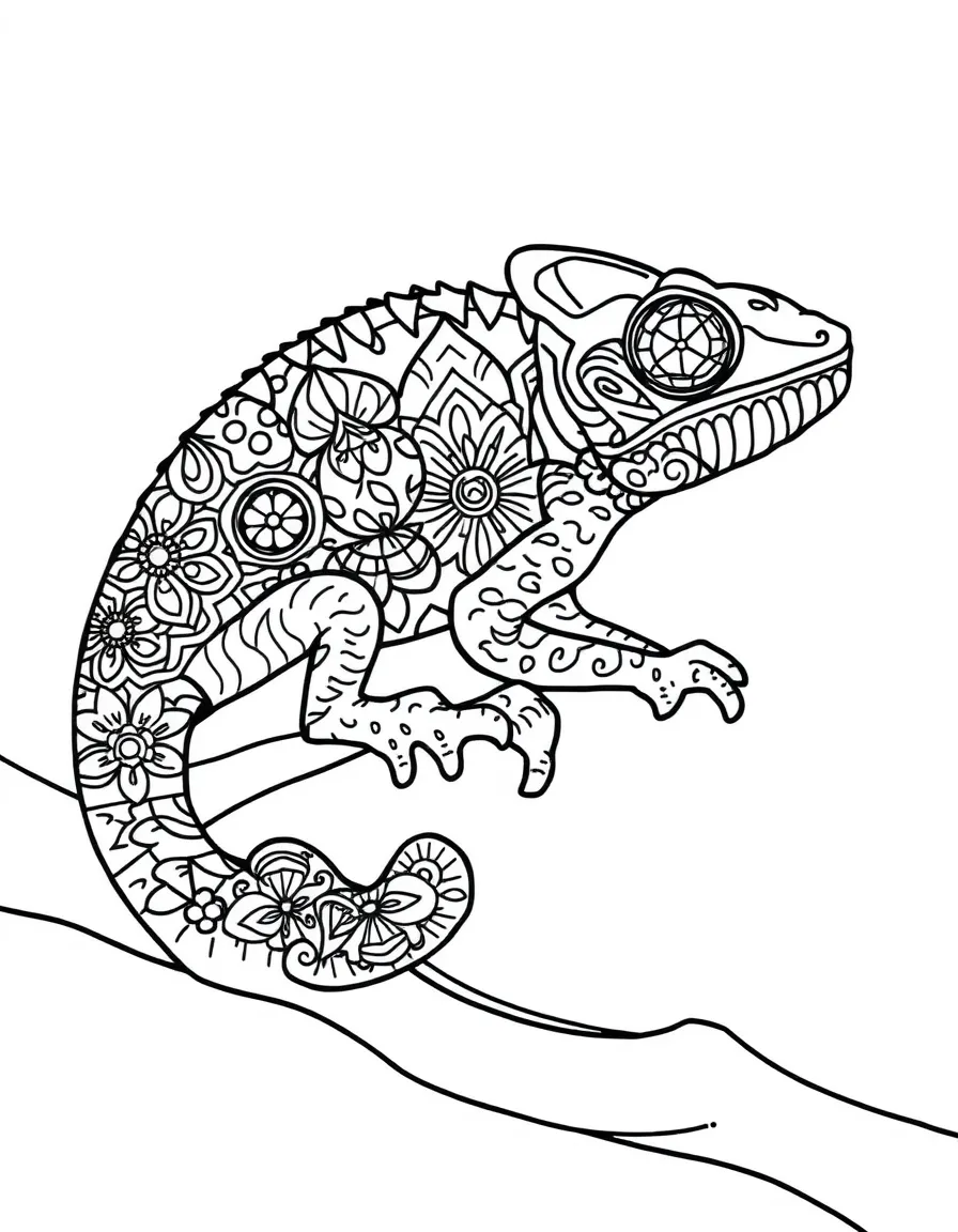 Chameleon with color-changing patterns forming a transformation mandala