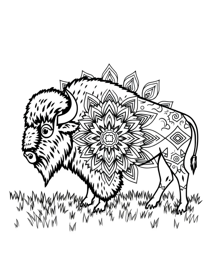 Bison with prairie patterns forming a grassland mandala design