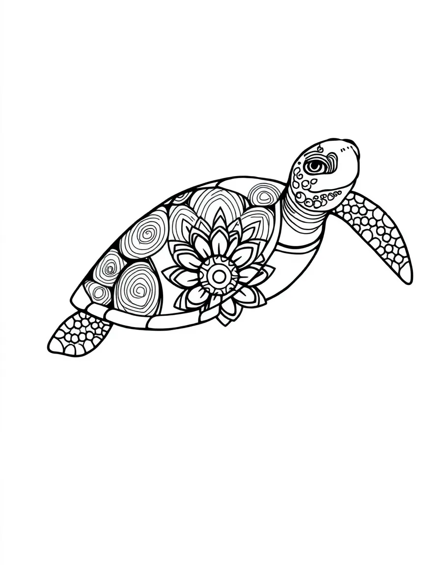 Sea turtle with ocean current patterns forming a migration mandala design
