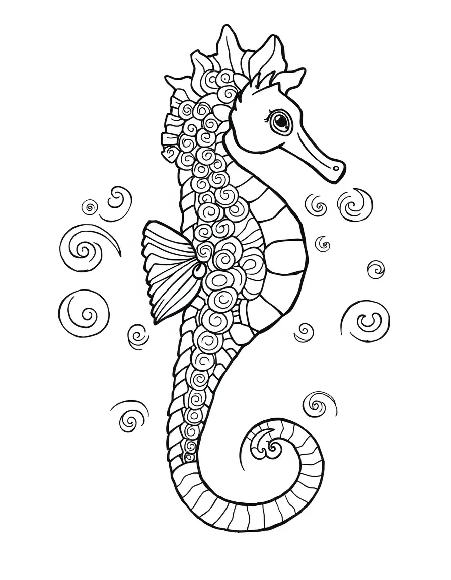 Seahorse with curled tail patterns forming an underwater mandala design