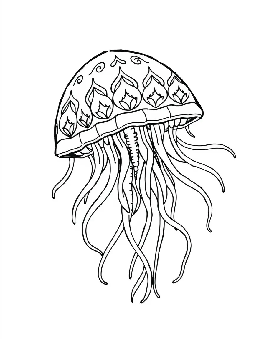 Jellyfish with tentacle patterns forming a floating mandala design