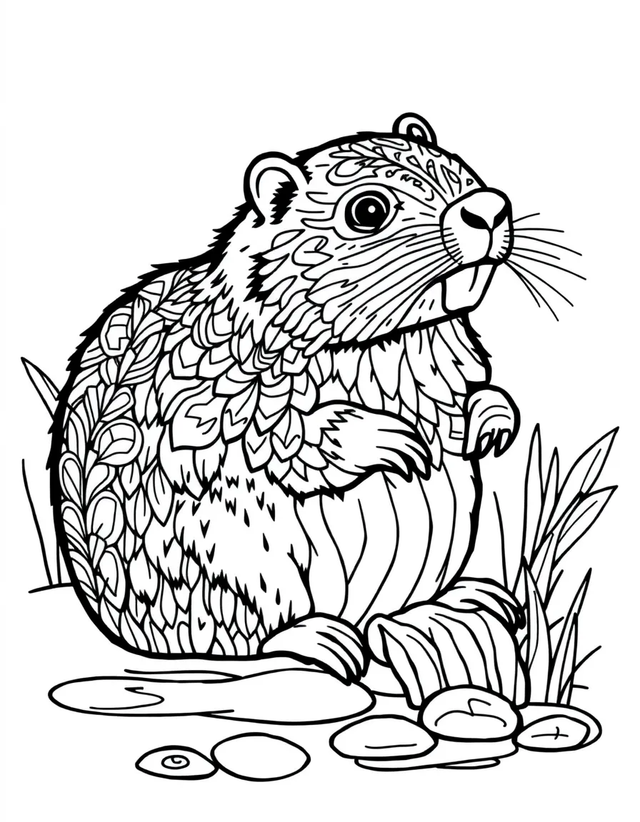Beaver with dam patterns forming a construction mandala design