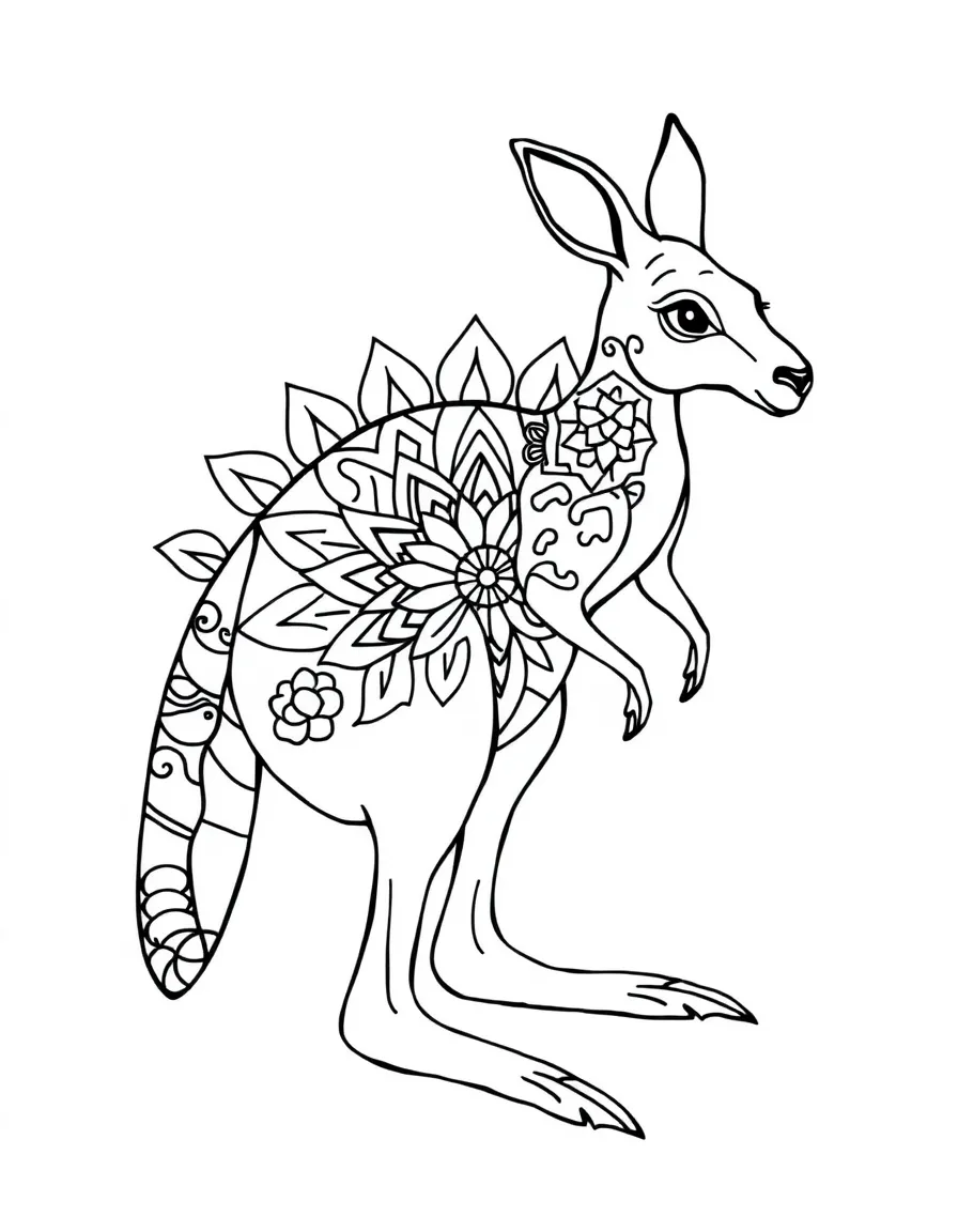 Kangaroo with hopping patterns forming an Australian mandala design