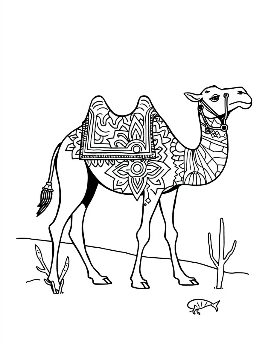 Camel with desert oasis patterns forming a survival mandala design
