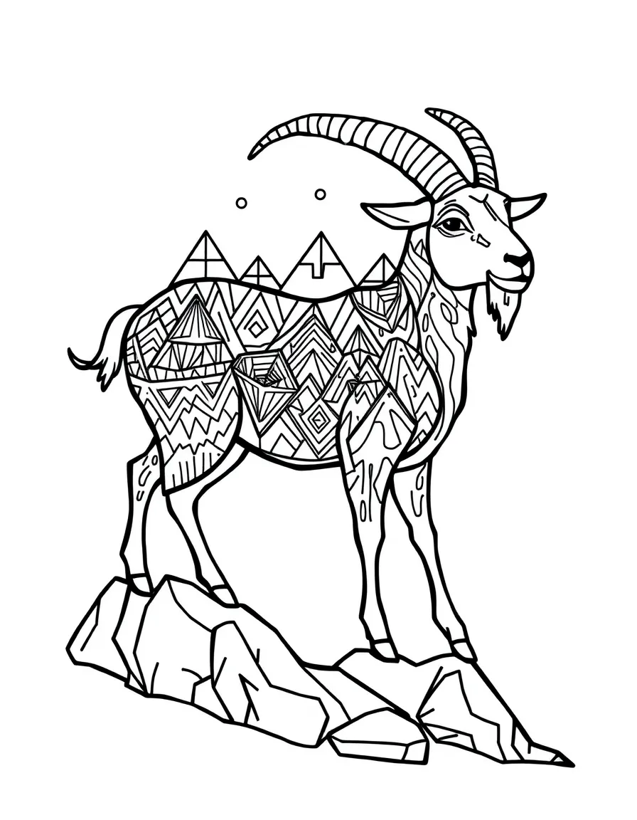 Goat with mountain patterns forming a climbing mandala design