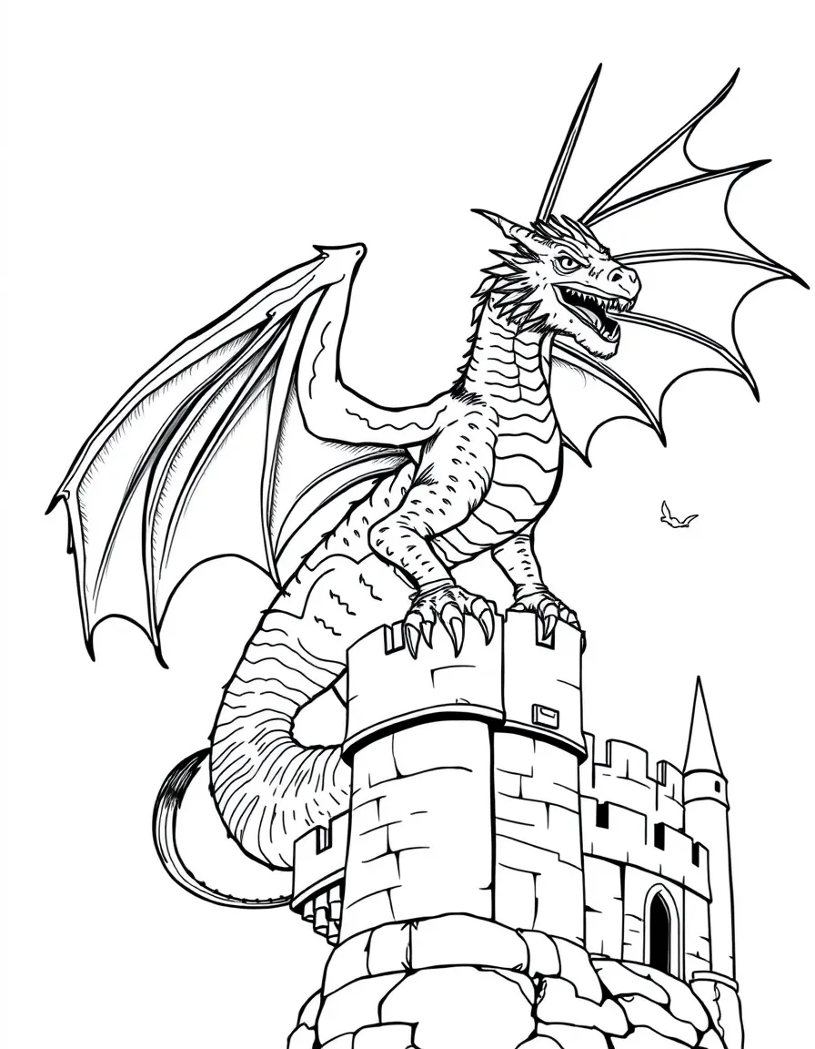 A majestic European dragon perched on a castle tower, wings spread wide